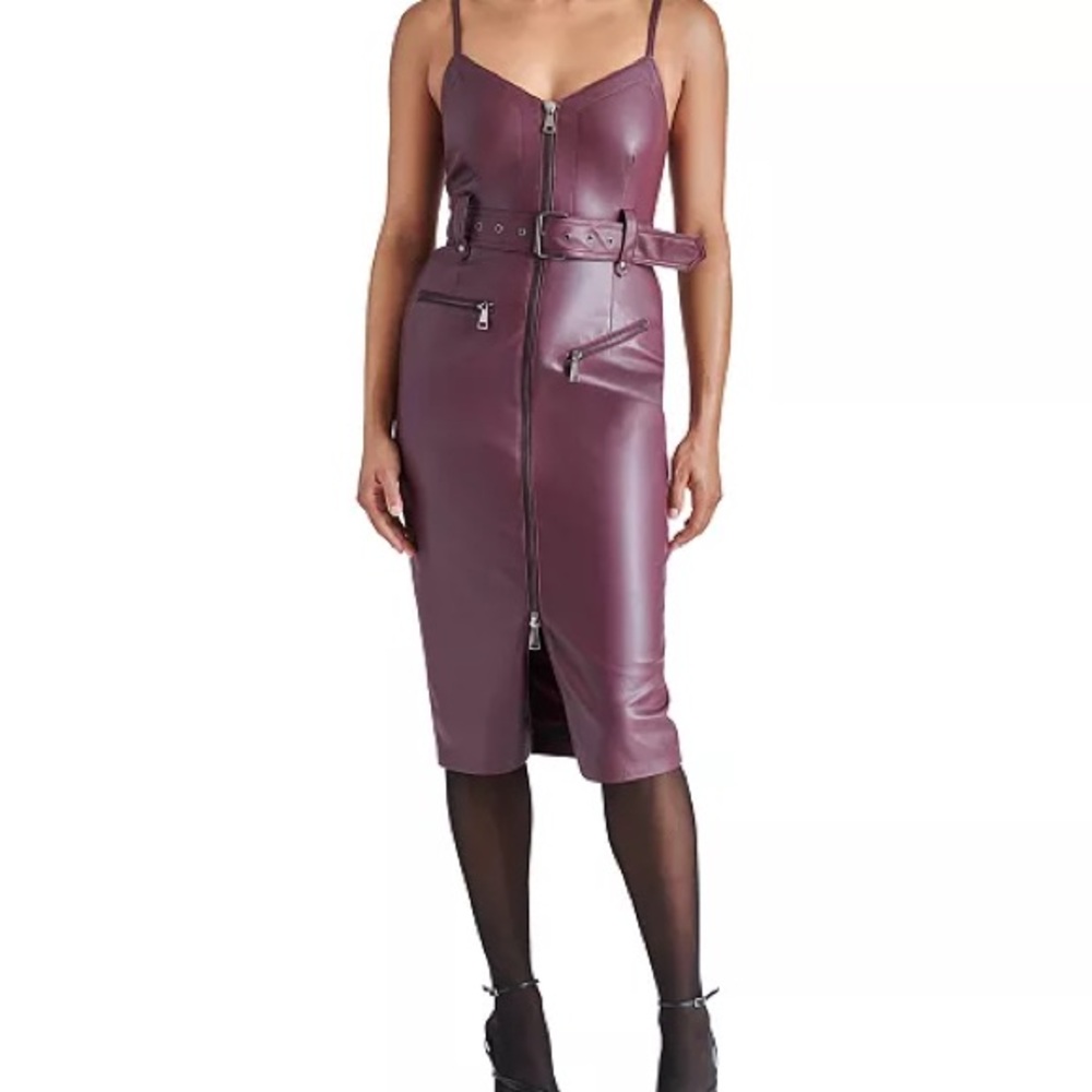 Steve Madden Plum Faux Leather Zip-Front Midi Dress with Belt